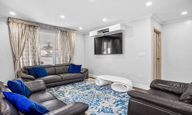 Living room featuring crown molding and wood-type flooring