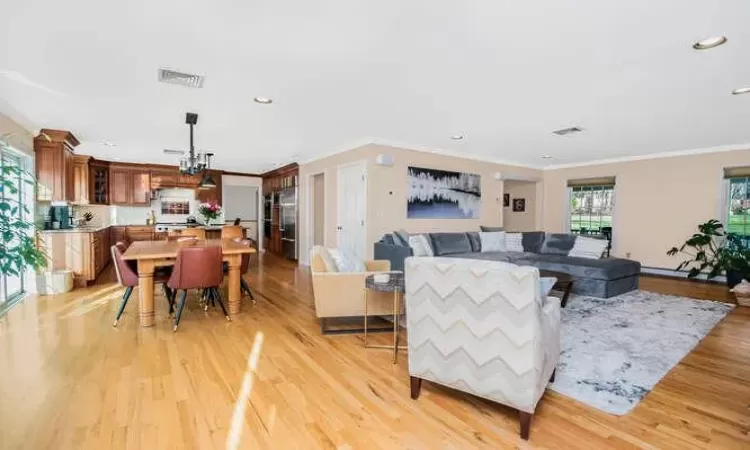 Living room with crown molding and light hardwood / wood-style flooring