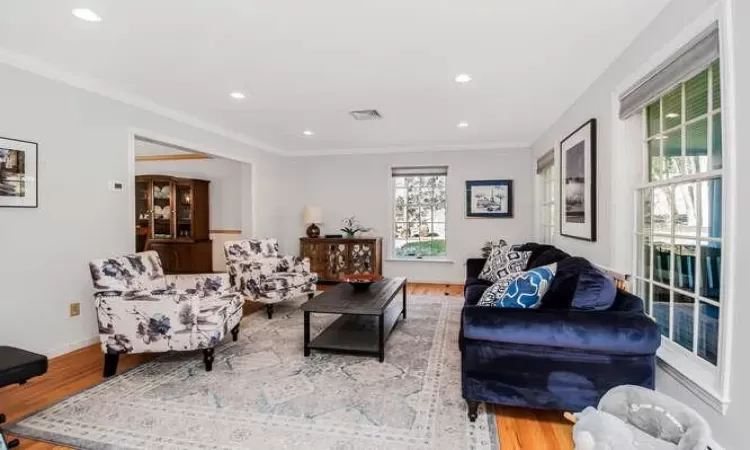 Living room with wood-type flooring and ornamental molding