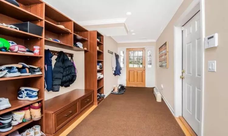 Mudroom with carpet and crown molding