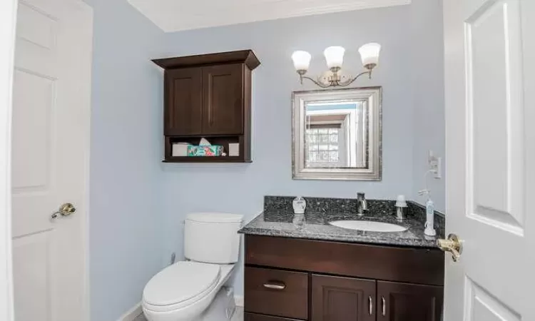 Bathroom with vanity, toilet, and an inviting chandelier