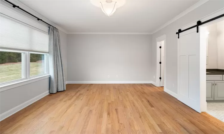 Spare room with ornamental molding, a barn door, and light hardwood / wood-style flooring