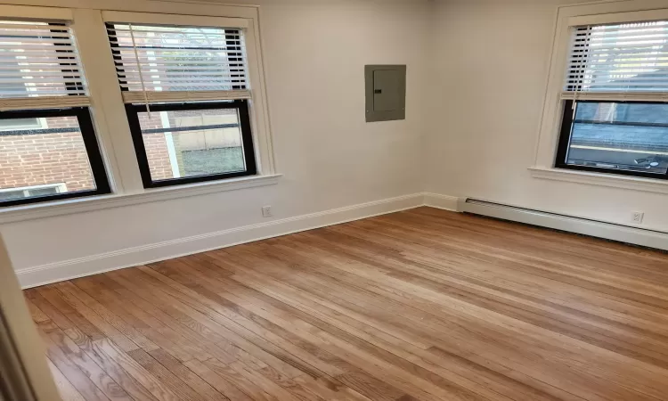 Spare room featuring electric panel, a healthy amount of sunlight, light wood-type flooring, and a baseboard heating unit