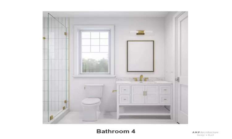 Bathroom featuring an enclosed shower, vanity, and toilet