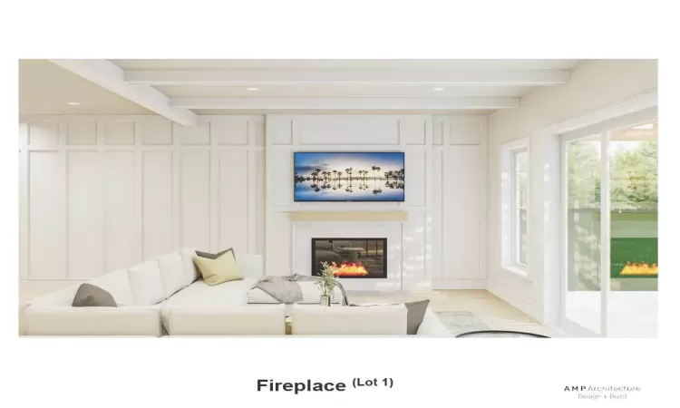 Living room featuring beamed ceiling and light hardwood / wood-style flooring