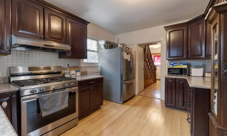 Kitchen with stainless steel appliances, dark brown cabinets, ventilation hood, light hardwood / wood-style flooring, and tasteful backsplash