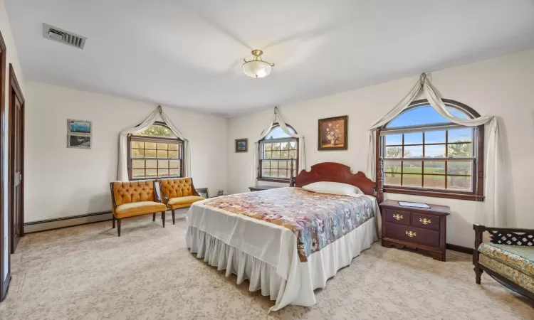 Carpeted bedroom with a baseboard radiator and multiple windows