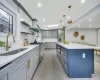 Kitchen featuring a kitchen breakfast bar, sink, light wood-type flooring, decorative light fixtures, and stainless steel appliances