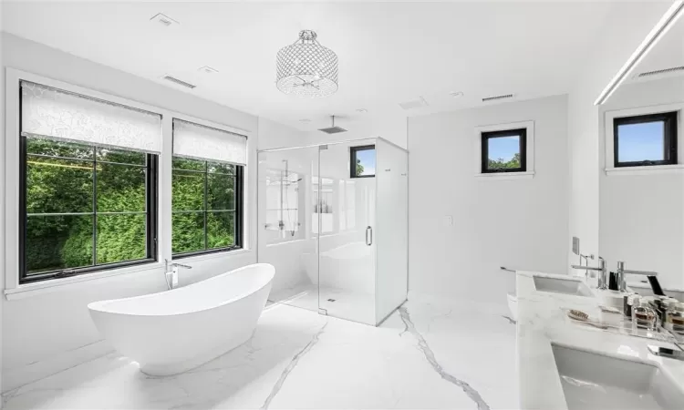 Bathroom with walk in shower, dual sinks, and plenty of natural light