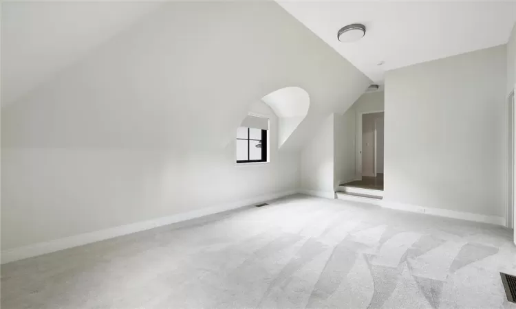 Additional living space featuring light carpet and vaulted ceiling