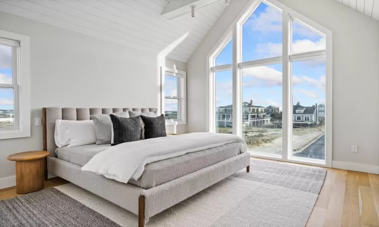 Bedroom with lofted ceiling, light hardwood / wood-style floors, and multiple windows