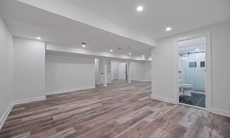 Basement with hardwood / wood-style floors