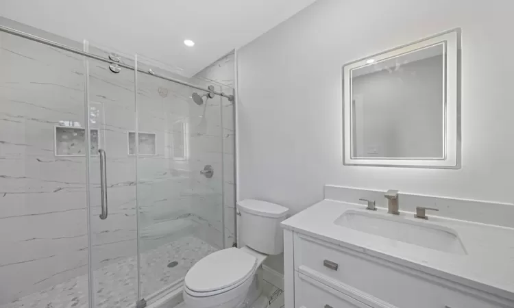 Bathroom with toilet, walk in shower, and vanity