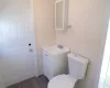 Bathroom with wood-type flooring, vanity, and toilet