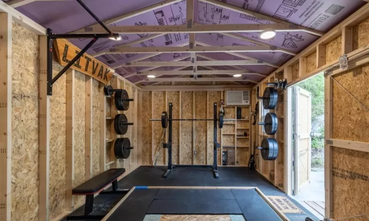 Workout area featuring lofted ceiling