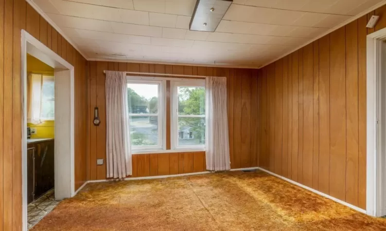 Spare room featuring ornamental molding and carpet