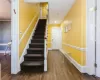 Stairs with ornamental molding and wood-type flooring