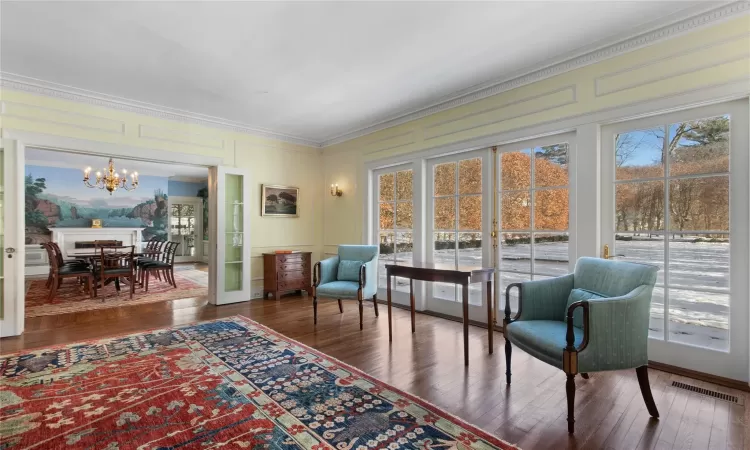 Living Room French doors and   view to Dining Room