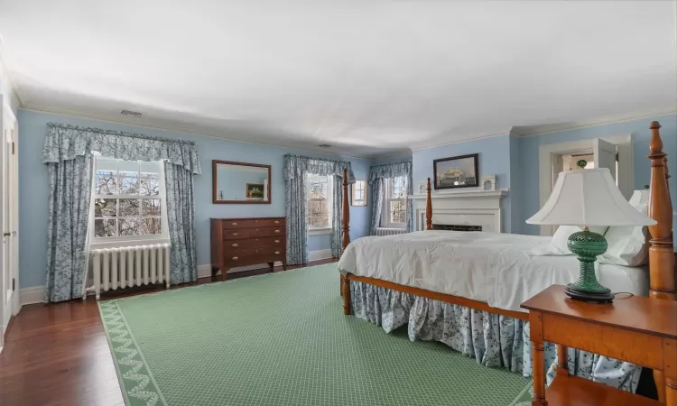 Bedroom featuring dark hardwood / wood-style flooring, crown molding