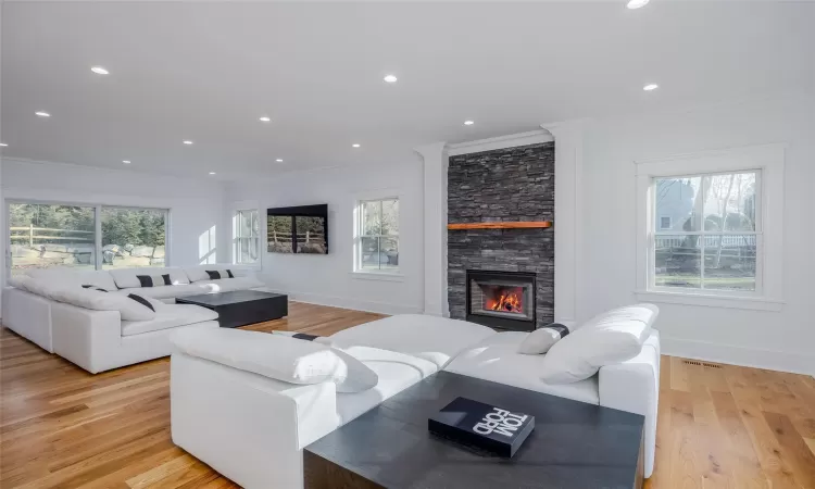 Living room featuring a wealth of natural light, crown molding, light hardwood / wood-style floors, and a stone fireplace