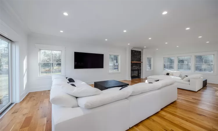 Living room featuring a fireplace, crown molding, and light hardwood / wood-style floors