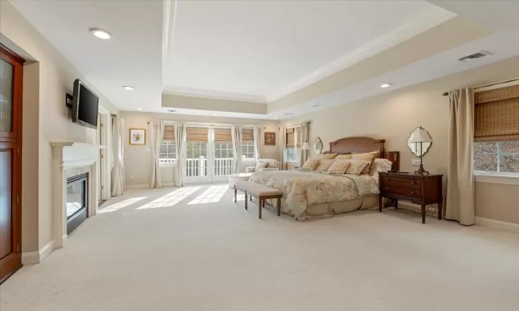 Carpeted bedroom with crown molding, a tray ceiling, and access to outside