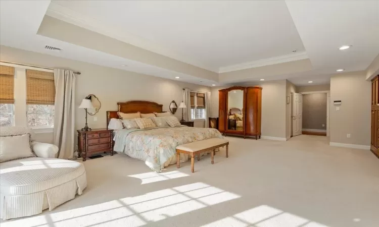 Carpeted bedroom featuring a raised ceiling and ornamental molding