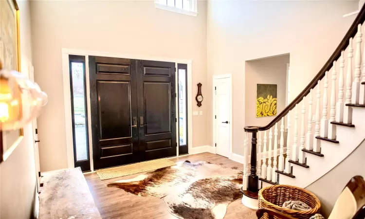 Entryway featuring a high ceiling and light hardwood / wood-style floors