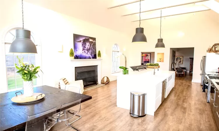 Kitchen with white cabinetry, high vaulted ceiling, light hardwood / wood-style flooring, decorative light fixtures, and high end stainless steel range