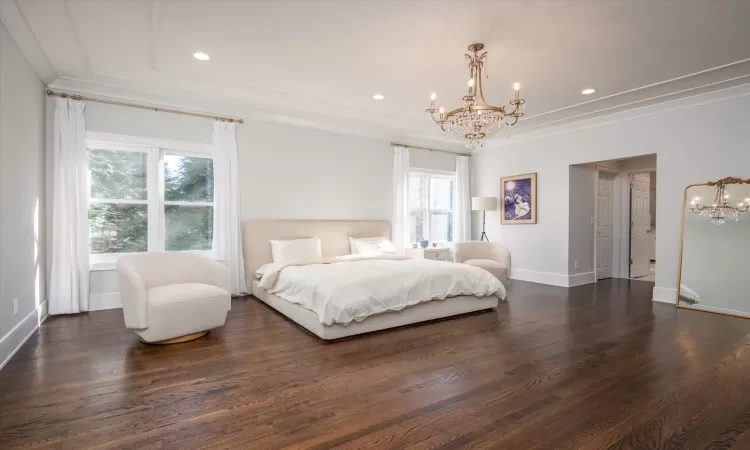 Bedroom featuring a chandelier, ornamental molding, dark hardwood / wood-style floors, and a tray ceiling