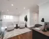 Office with crown molding and dark hardwood / wood-style floors