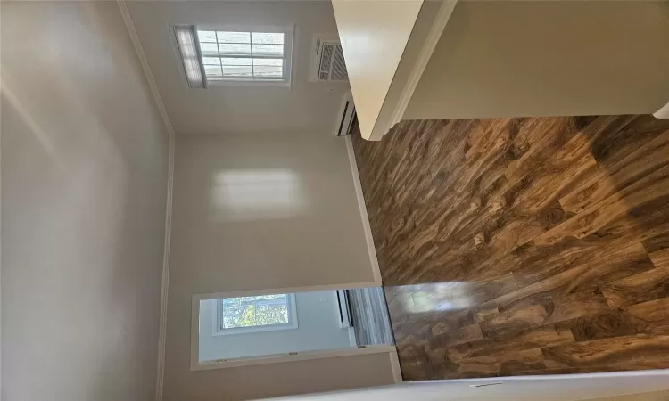 Unfurnished room featuring dark wood-type flooring, a wealth of natural light, a baseboard heating unit, and crown molding