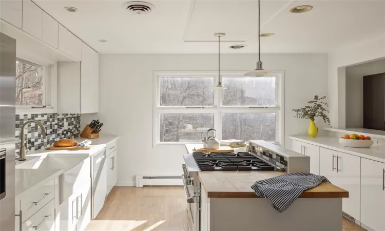 Kitchen featuring baseboard heating, appliances with stainless steel finishes, wooden counters, white cabinetry, and hanging light fixtures