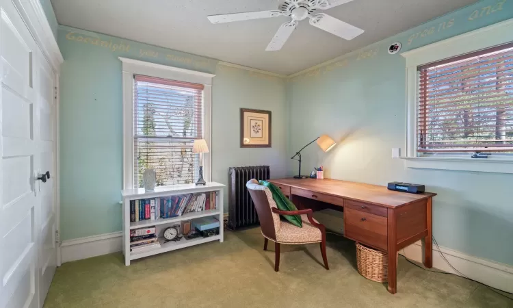 Carpeted home office featuring ceiling fan, a wealth of natural light, and radiator heating unit