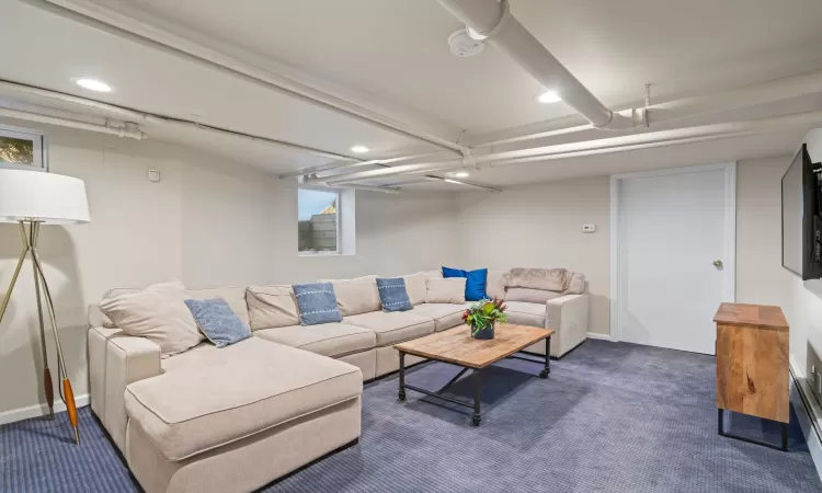 Living room with dark carpet