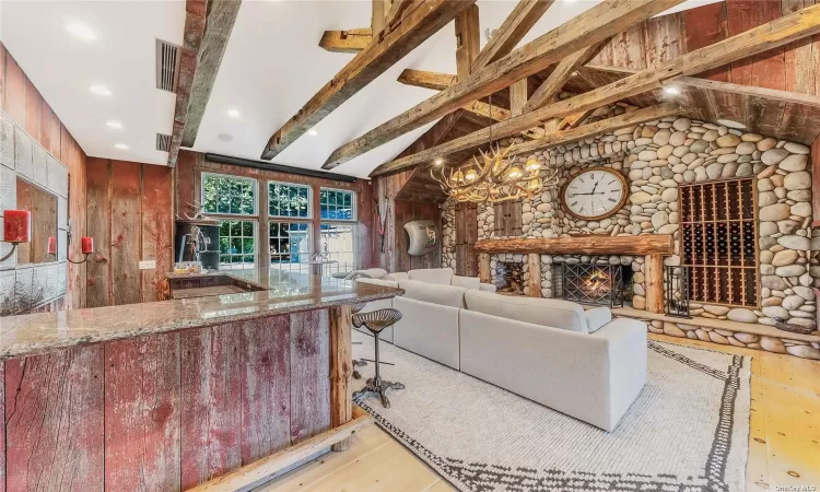 Barn-Style Family Room with Beamed Ceilings