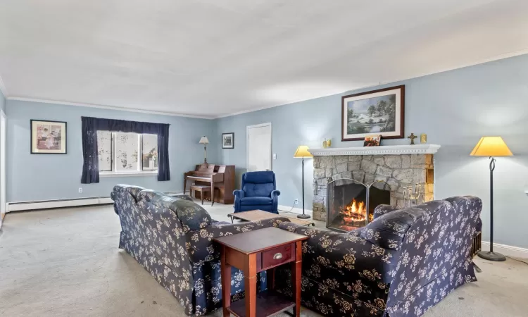 Living room with a baseboard heating unit, crown molding, light carpet, and a stone fireplace