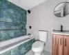 Full bathroom featuring toilet, vanity, tile walls, and tiled shower / bath