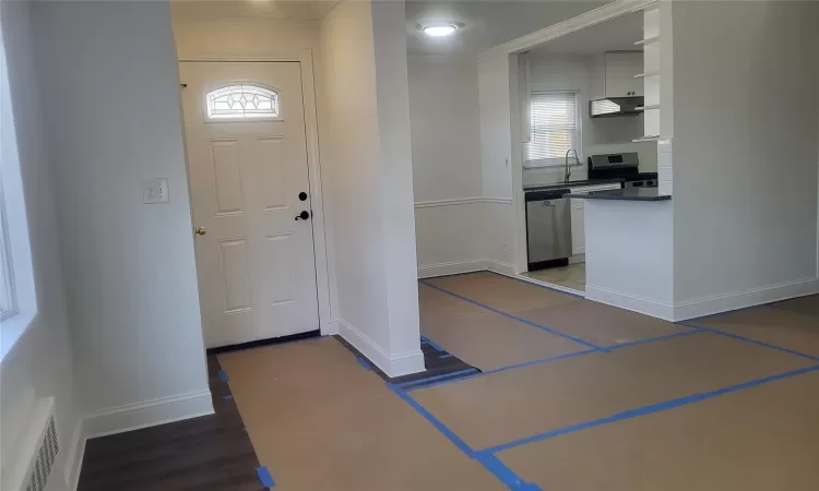 Entrance foyer with sink, a wealth of natural light, dark hardwood / wood-style floors, and crown molding