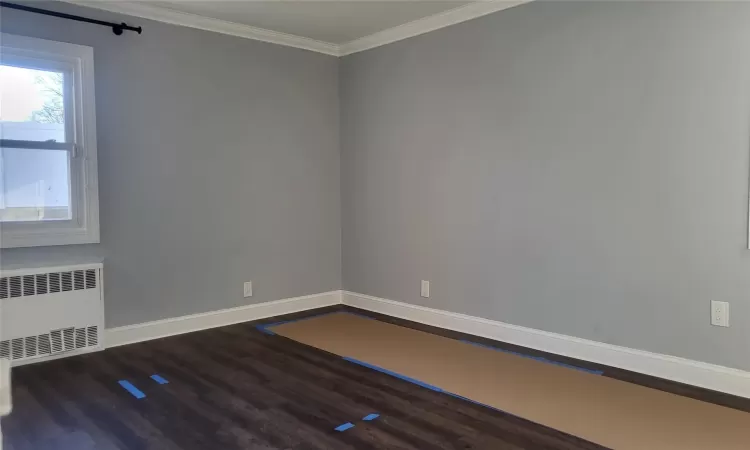 Unfurnished room featuring dark wood-type flooring, radiator, and crown molding