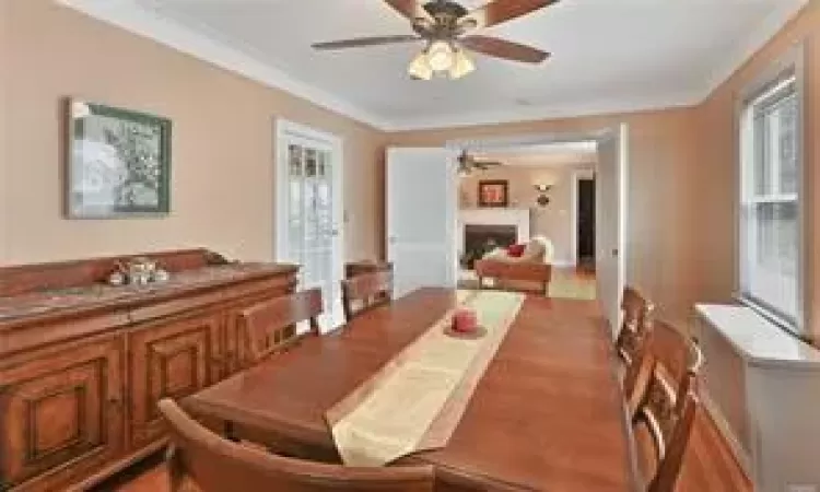 Dining space featuring ceiling fan, ornamental molding, and a fireplace