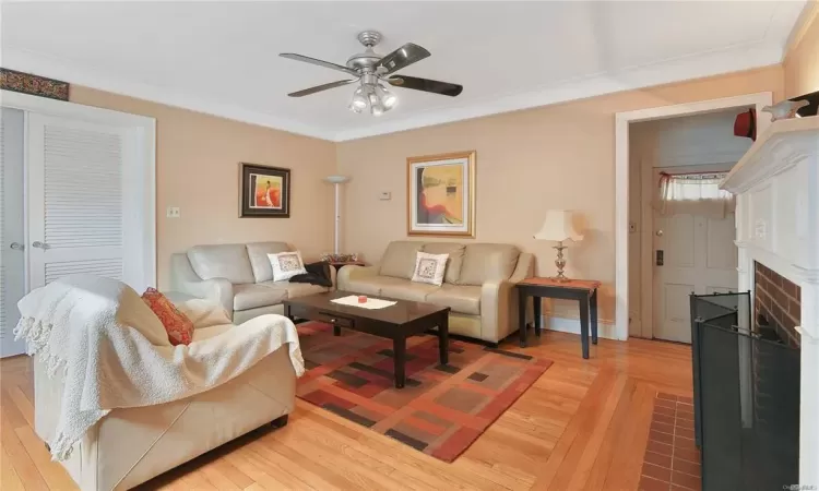 Living room featuring ceiling fan, light wood-type flooring, a fireplace, and crown molding