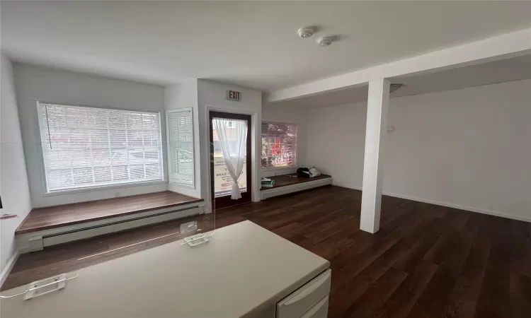 Unfurnished bedroom featuring a baseboard heating unit, dark wood-type flooring, and multiple windows