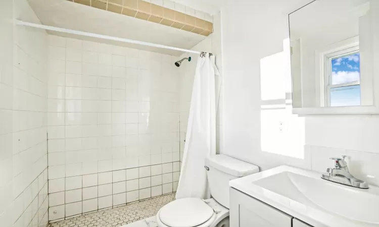 Bathroom with toilet, a shower with shower curtain, and vanity