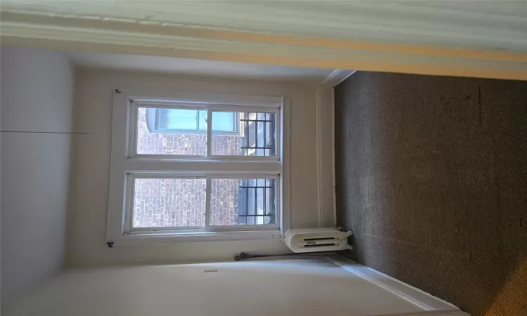 Unfurnished room featuring a wealth of natural light, dark carpet, and radiator heating unit