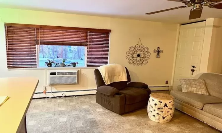 Carpeted living room featuring ceiling fan, a wall mounted AC, baseboard heating, large closet