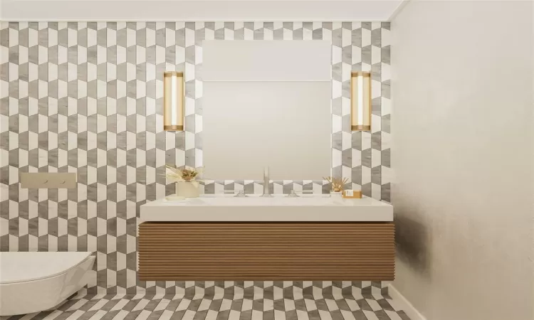 Bathroom featuring toilet and tile walls