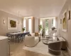 Living room featuring parquet flooring, a chandelier, and ornamental molding