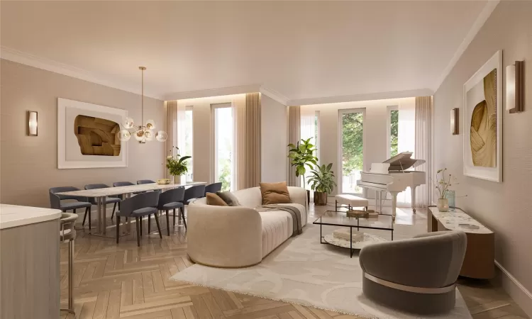 Living room featuring parquet flooring, a chandelier, and ornamental molding