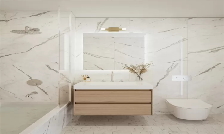 Bathroom featuring a shower, toilet, vanity, and tile patterned flooring